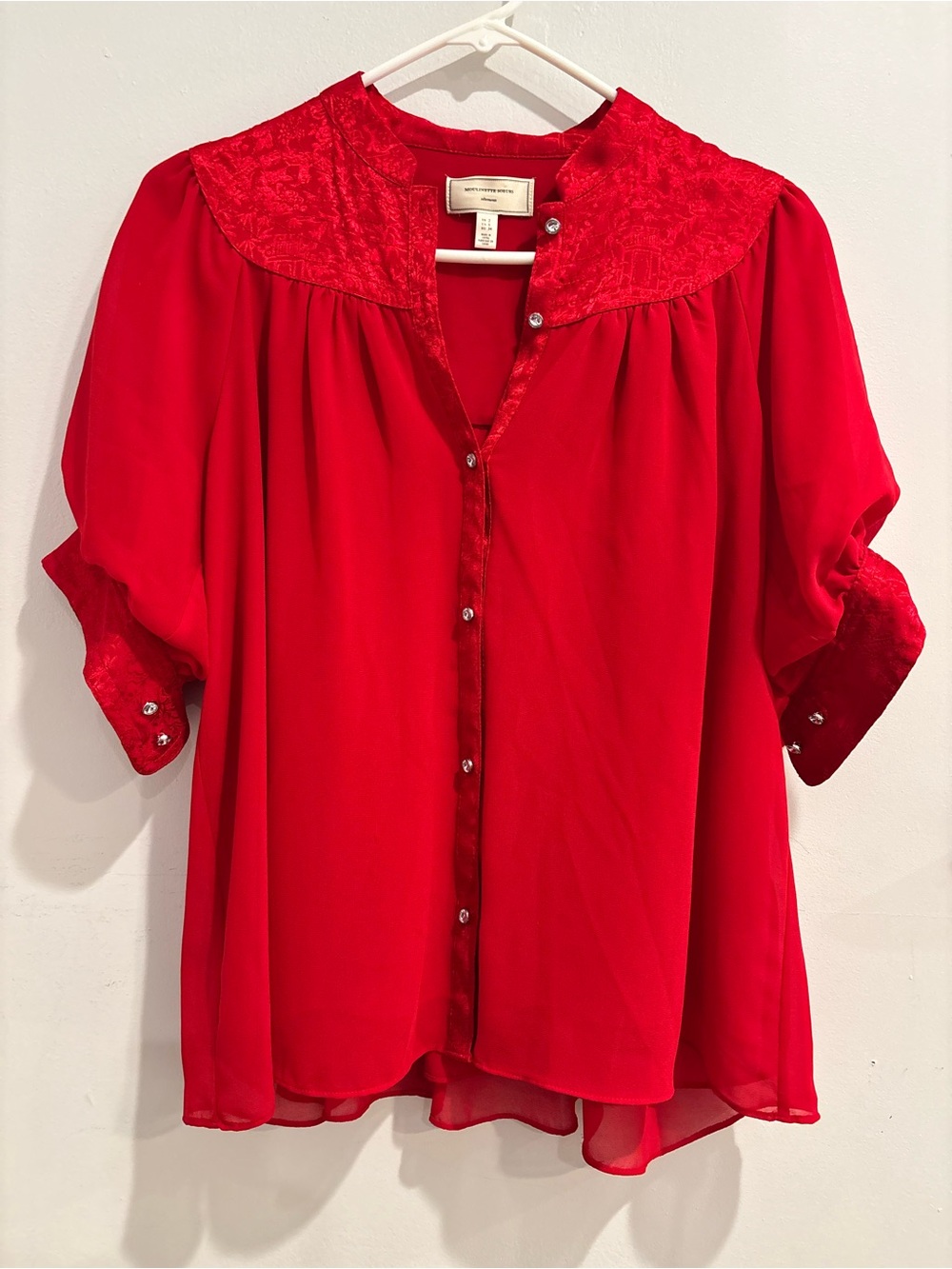 Moulinette Soeurs Vibrant Red Button-Front Blouse with Textured Yoke